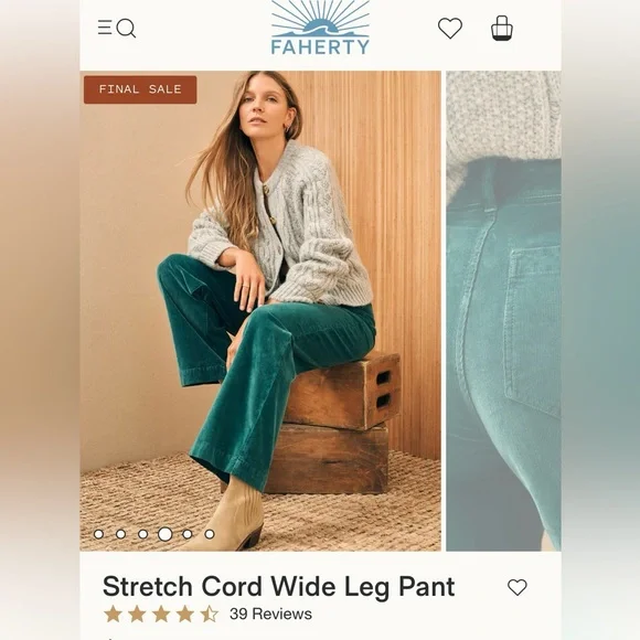 FAHERTY stretch wide leg corduroy size 27 NEW $168 - Picture 2 of 4